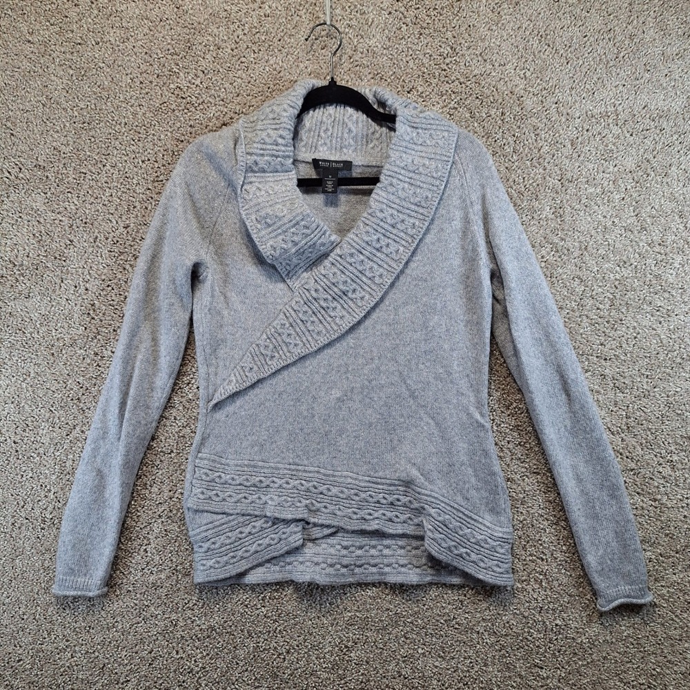 White House Black Market Sweater Women M Gray Shimmer Wrap Front Cable Knit Cozy